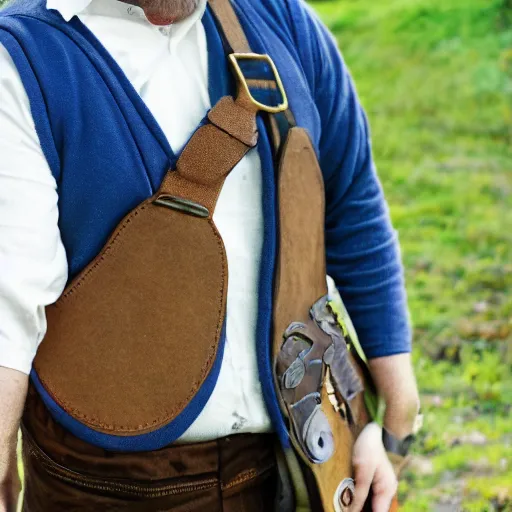 Image similar to close up headshot of a frowning clean shaven pudgy British lad with short curly dark brown hair as a hobbit wearing a white men's crossbody sling chest bag and blue vest, blue vest!! white crossbody chestbag!! high resolution film still, by Alexandra Nataf