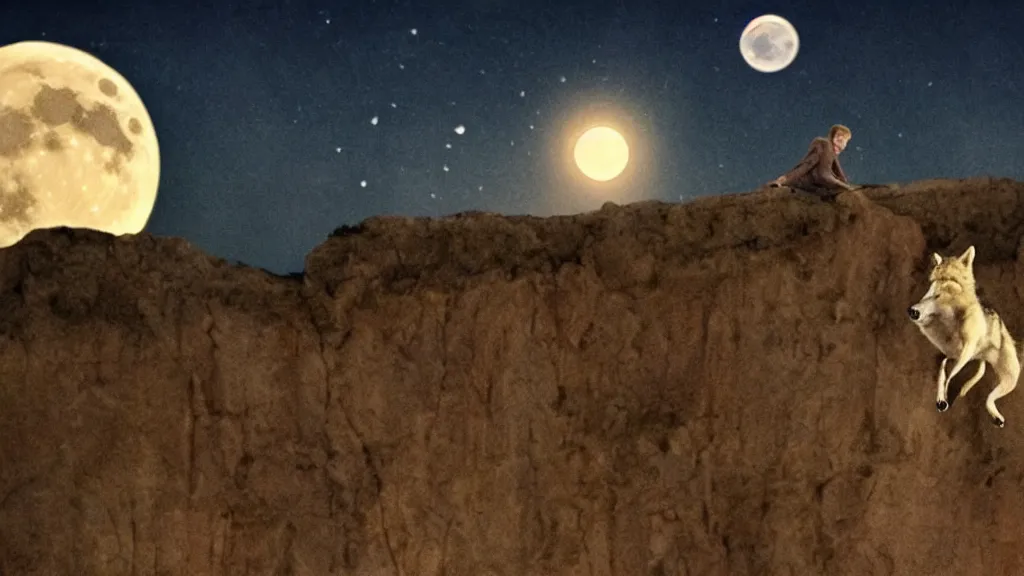 Image similar to epic cinematography of a close up of David Bowie riding a ((wolf)) at night, while on top of a large cliff with the full moon in the background