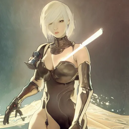 Image similar to a digital concept art by artgerm and greg rutkowski and alphonse mucha. clear portrait of 2 b nier automata in a skintight suit aiming a gun!! hyper detailed, character concept, full body!! dynamic pose, glowing lights!! intricate, elegant, highly detailed, digital painting, artstation, concept art, smooth, sharp focus, illustration