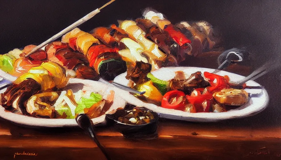 Image similar to kebab, oil painting by jama jurabaev, brush hard, artstation, for aaa game, high quality, brush stroke