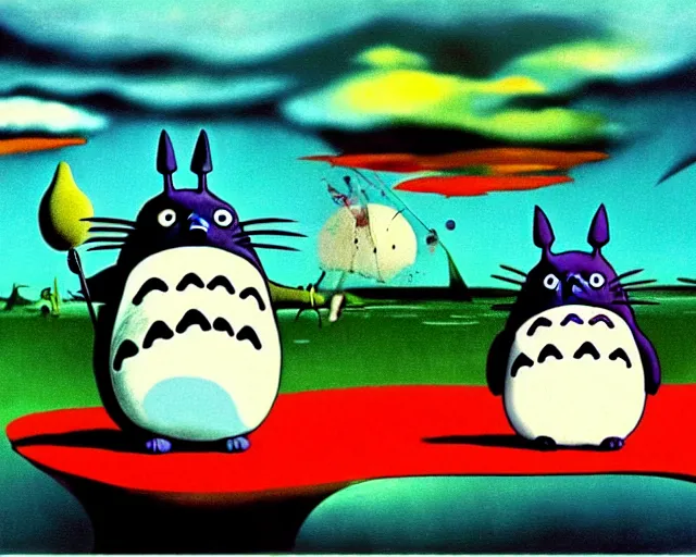 Prompt: ! dream totoro. yves tanguy art. a still from my neighbor totoro, re imagined in the style of yves tanguy. surrealism, dadaism, ghibli