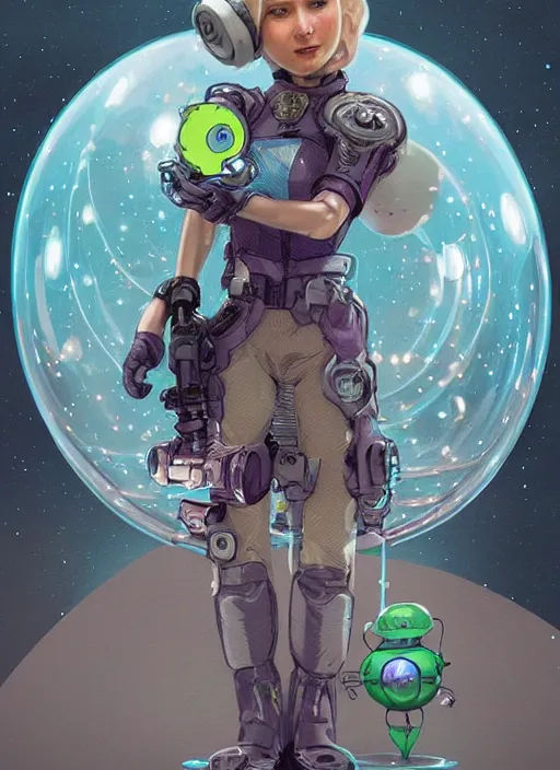 Prompt: beautiful planet cottagecore princess rosalina holding a small robot wearing a scifi jetsuit with bubble helmet by laurie greasley, intricate bioluminescent highly detailed, digital painting, concept art, symmetrical face, octane render unreal engine meta humans, smooth, sharp, focus, illustration, art by artgerm and greg rutkowski and alphonse mucha, artstation