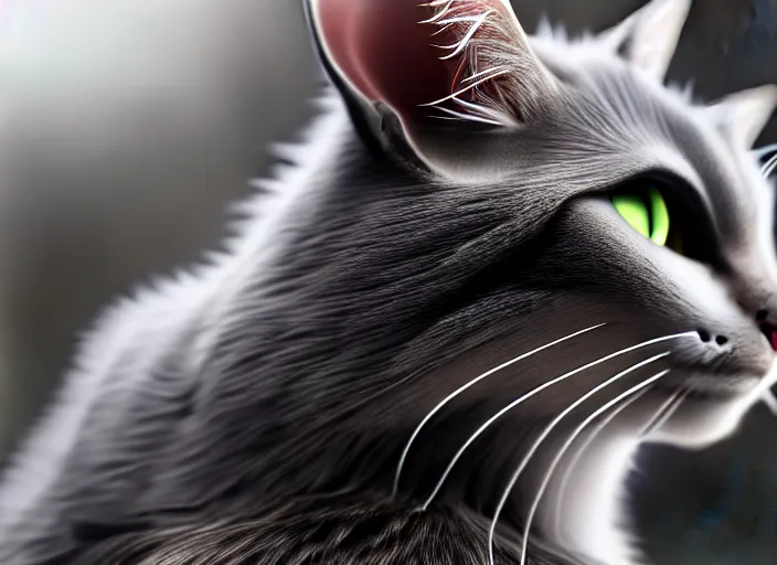 Image similar to hyperrealism, detailed textures, photorealistic 3 d render, a beautiful grey coloured cat with medium hair length, one million lave rivers, sharp focus, ultra realistic, ultra high pixel detail, cinematic, intricate, cinematic light, concept art, illustration, art station, unreal engine 8 k