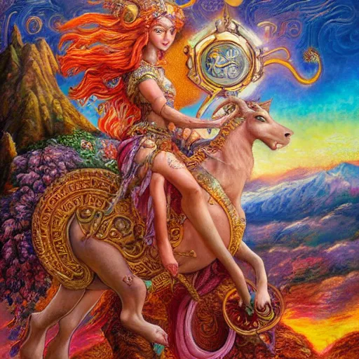 Prompt: a goddess riding a ram while checking her cell phone, by josephine wall, senior concept artist, fantasy art for the zodiac sign aries, erupting volcano and sunrise in distance in background, acrylic on canvas, intricately detailed, high resolution trending on artstation - n 9