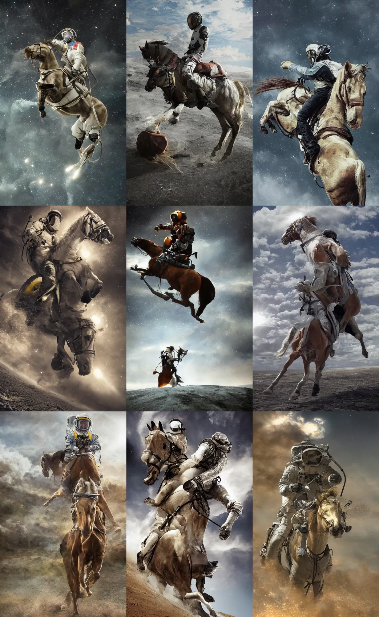 Prompt: photorealistic art of an astronaut riding a horse, dynamic lighting, hyperrealism, stunning visuals