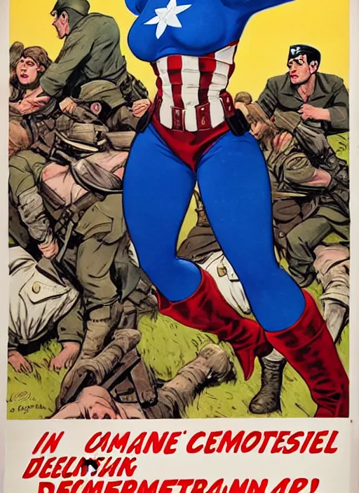 Prompt: beautiful female captain america standing on a pile of defeated, beaten and broken german soldiers. feminist captain america wins wwii. american wwii propaganda poster by james gurney. gorgeous face. overwatch