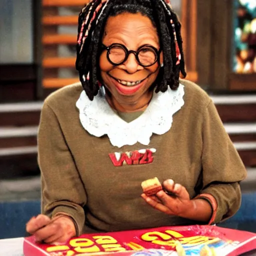 Image similar to whoopi goldberg as the little debbie snack cake girl,