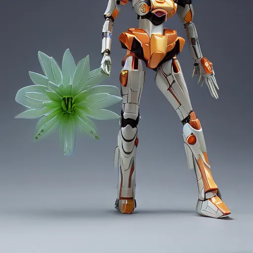 Image similar to futuristic nymphaea themed mecha waterlily upper body, flower sepals forming helmet, evangelion, nymphaea, 8 k hd resolution, barbatos gundam with floral inlay, bandai box art, star wars, makoto kobayashi, frank gehry, raymond swanland