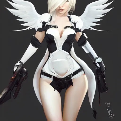 Image similar to greg manchess painting of a 2 yorha type a no. 2 as mercy from overwatch!!, white long hair, large white wings, painting, trending on artstation, by huang guangjian and gil elvgren and sachin teng