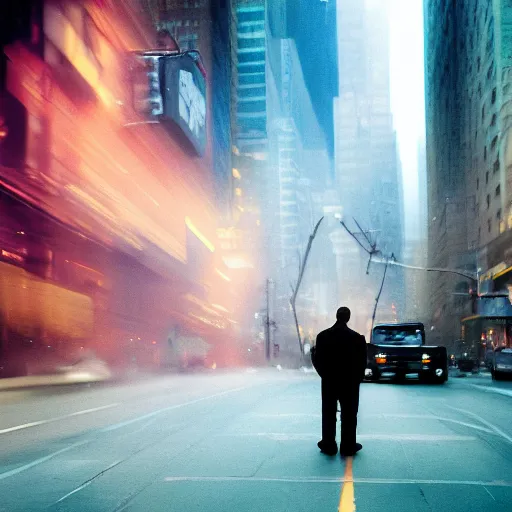 Image similar to closeup portrait of a man piloting a spaceship in a smoky new york street , by Annie Leibovitz and Steve McCurry, natural light, detailed face, CANON Eos C300, ƒ1.8, 35mm, 8K, medium-format print