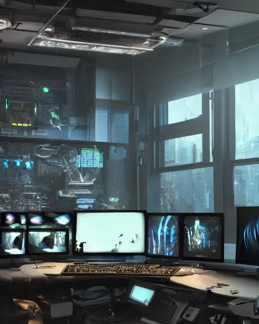 Image similar to artstation scifi scene of a complex computer workstation in a small studio apartment room, many monitors, many electronics, a window view, a tall floor plant, very detailed, maximalism, ambient occlusion, volumetric light, atmospheric haze, unreal engine, hyper realism, realistic shading, cinematic composition, realistic render, octane render, detailed textures, photorealistic, wide shot