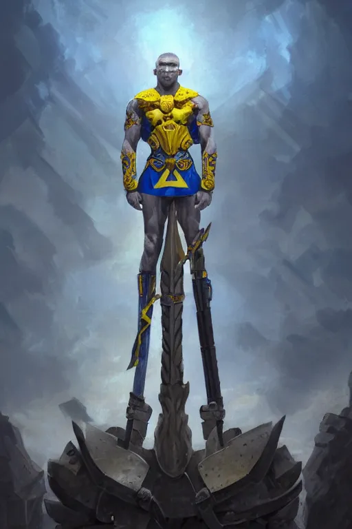 Image similar to a distant shot of a Ukrainian super soldier with blue and yellow flag behind him and a trident symbol on the chest standing alone on a huge pile of skulls posing as a winner in a beam of light from the cloudy sky, masculine muscular figure, D&D, fantasy, intricate, elegant, highly detailed, extremely detailed, digital painting, artstation, concept art, matte, smooth, hyper realistic, sharp focus, illustration, art by Artgerm and Greg Rutkowski and Alphonse Mucha