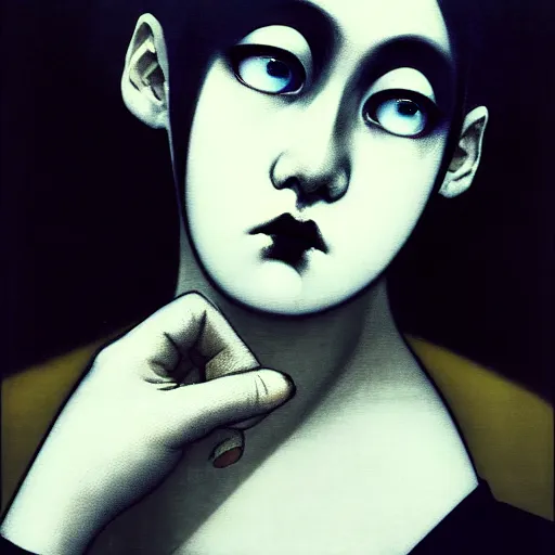 Image similar to yoshitaka amano blurred and dreamy minimalistic three quarter angle portrait of a young woman with black lipstick and black eyes looking up and to the side wearing dress suit with tie, junji ito abstract patterns in the background, satoshi kon anime, noisy film grain effect, highly detailed, renaissance oil painting, weird portrait angle, blurred lost edges