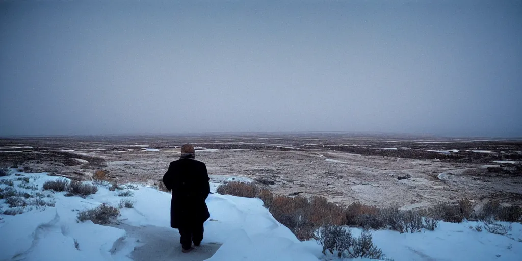 Image similar to photo of green river, wyoming cliffs covered in ice and snow, during a snowstorm. a old man in a trench coat and a cane appears as a hazy silhouette in the distance, looking back over his shoulder. cold color temperature. blue hour morning light, snow storm. hazy atmosphere. humidity haze. kodak ektachrome, greenish expired film, award winning, low contrast.