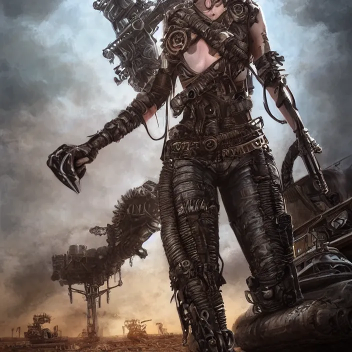 Image similar to beautiful apocalyptic woman with Mohawk, standing on mad max panzer tank, hyper-detailed, smooth, sharp focus, 4k ultra hd, fantasy dark art, tank girl, artgerm, artstation, octane render, elegant, detailed digital painting, apocalyptic art