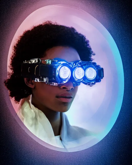 Image similar to centered portrait of soulful young shari headly as a solarpunk mecha humanoid robotic parts wearing crystal goggles with bright led lights, real human face, pudica gesture bouguereau style, in white room, ultra - realistic and intricate, soft portrait shot 8 k