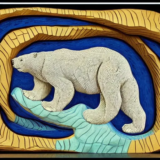 Image similar to carving of a polar bear, mashup between mc escher and vincent van gogh