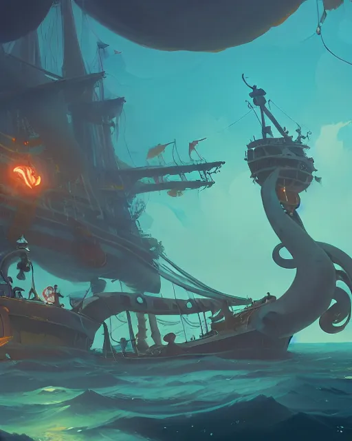 Image similar to a gigantic glowing kraken attacking a big pirate ship, deep water, cory loftis, james gilleard, atey ghailan, makoto shinkai, goro fujita, studio ghibli, rim light, exquisite lighting, clear focus, very coherent, plain background, soft painting