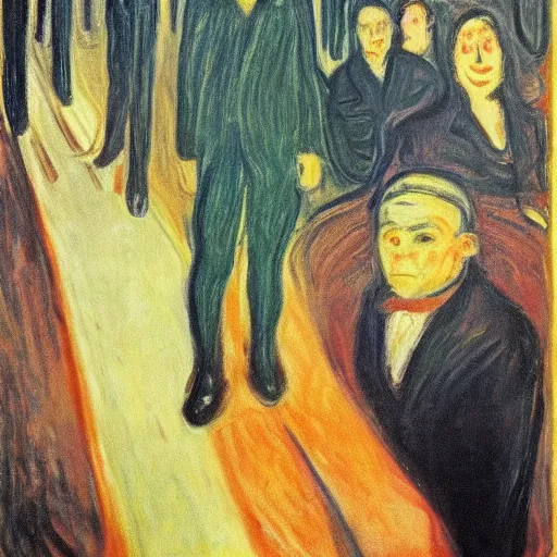 Prompt: Among Us crewmates and impostor painted by Edvard Munch