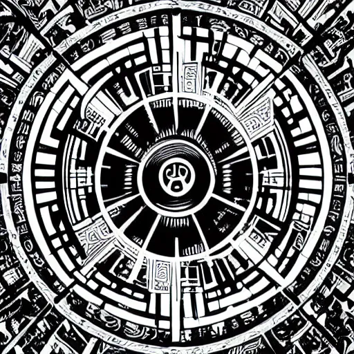 Image similar to a yin - yang daoist symbol superimposed on the futuristic cityscape in a utopian well - organized society, black and white