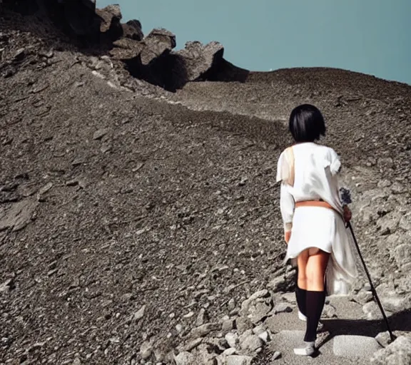 Image similar to beautiful silver hair young woman walking up Mount Fuji in the style of studio ghibli manga