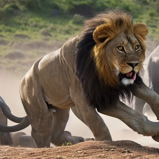 Image similar to a 4 k photo of a lion attacking an elephant on a hill