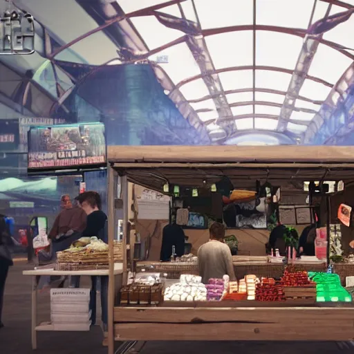 Prompt: a scene of a market stall at a trade show in the style of the film'minority report'taken from a distance, cinematic, dslr, unreal engine, hyper realistic