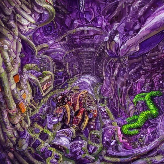 Prompt: detailed shot inside a goddess mecha dragon's cavernous living stomach, the walls purple and pulsing, slimy and hot, lots of acid pooling up on the floor, digesting a bunch of human, food pov, micro pov, vore, digital art, furry art, high quality, 8k 3D realistic, macro art, micro art, Furaffinity, Deviantart, Eka's Portal, G6