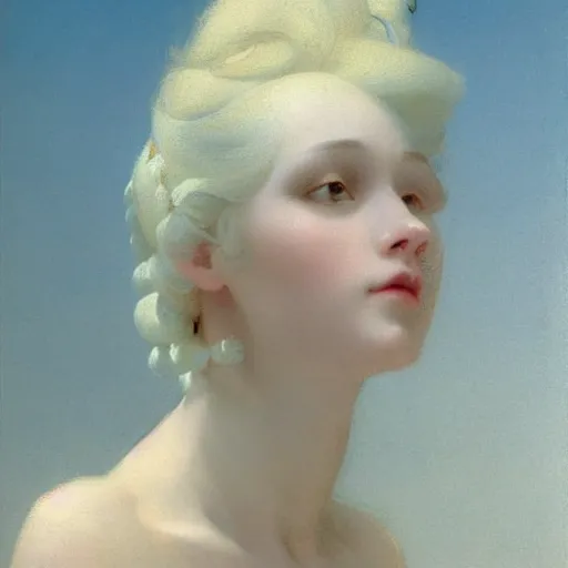 Image similar to a young woman's face, her hair is golden white and she wears an cobalt blue satin cloak, by ivan aivazovsky and syd mead and moebius and gaston bussiere and roger dean and pieter claesz and paul delaroche and alma tadema and aelbert cuyp and willem claesz, hyperrealistic, volumetric light, octane render