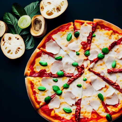 Image similar to A 🍕 made entirely out of 🥥 , 🥥 🍕 hybrid, 4k food photography