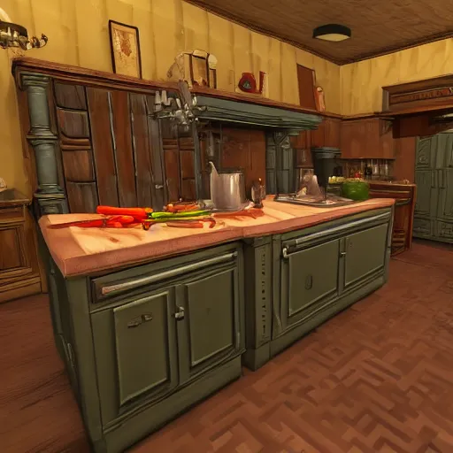 Image similar to an ordinary european kitchen, in the style of Doom Eternal