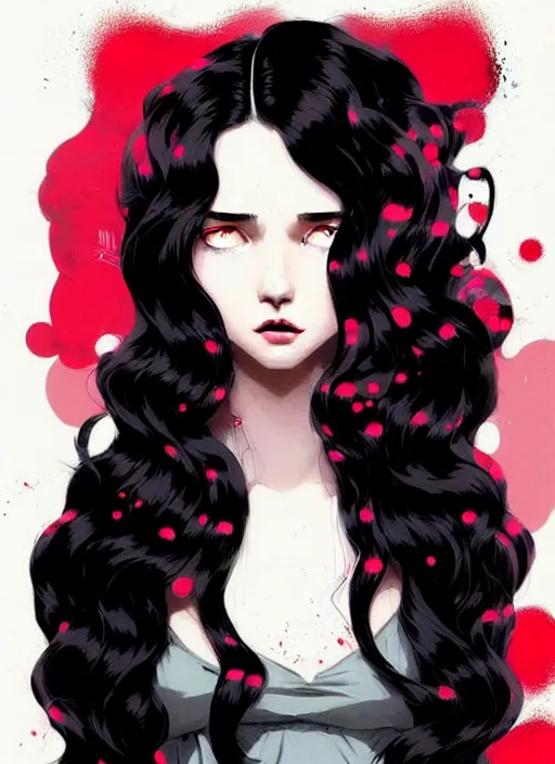 Image similar to highly detailed closeup portrait of beautiful, long black hair teen girl, wavy hair, red dress by atey ghailan, by greg rutkowski, by greg tocchini, by james gilleard, by joe fenton, by kaethe butcher, gradient pink, black and white color scheme, grunge aesthetic!!! ( ( graffiti tag wall background ) )