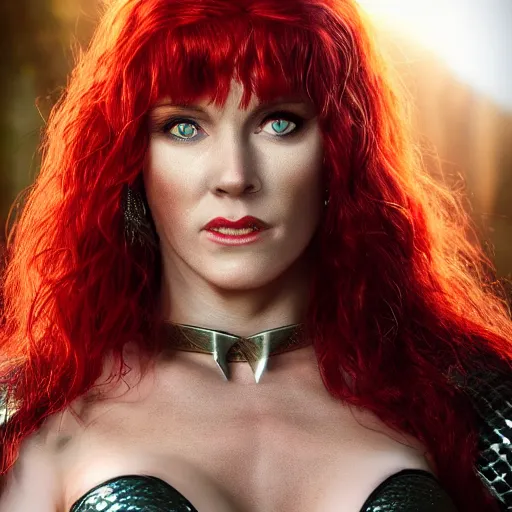 Image similar to hyper realistic photo of red sonja portrait, cinematic