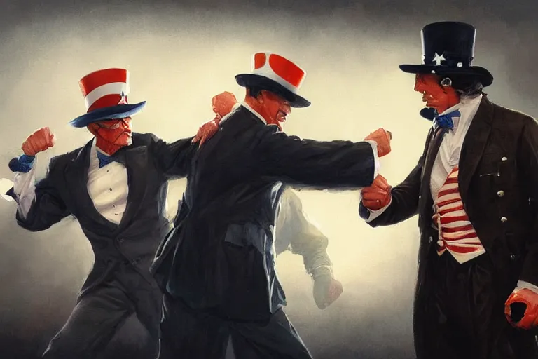 Prompt: painting of uncle sam punching steven seagal, fantasy, intricate, elegant, highly detailed, digital painting, artstation, concept art, smooth, sharp focus, illustration, art by greg rutkowski, masterpiece, perfect composition, award - winning photography