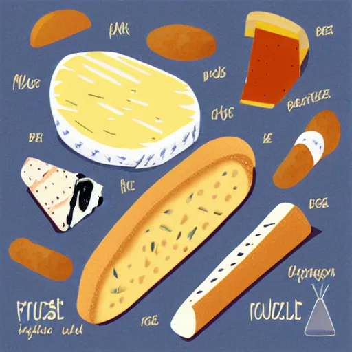 Prompt: illustration baguette, fromage, fromages, brie, camembert, gruyere, appenzeler, gorgonzola, fromage de chevre