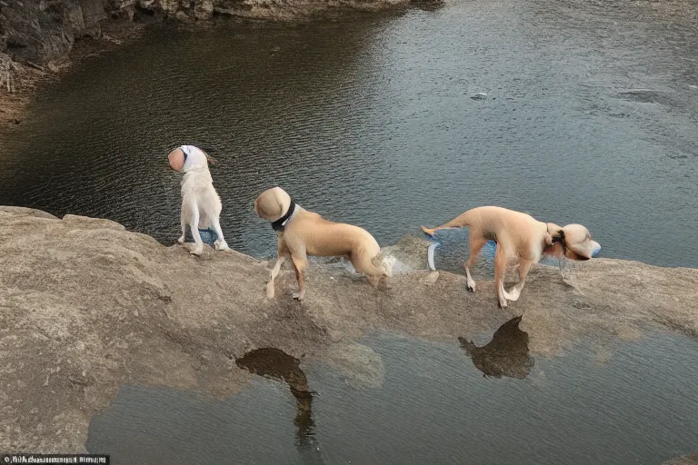 Prompt: a puppy is looking directly at the water below them while they stand at an edge