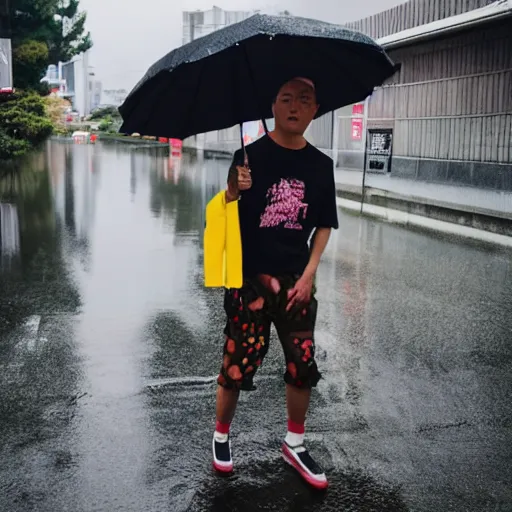 Image similar to Milly rock in Japan, piss rain, 4k