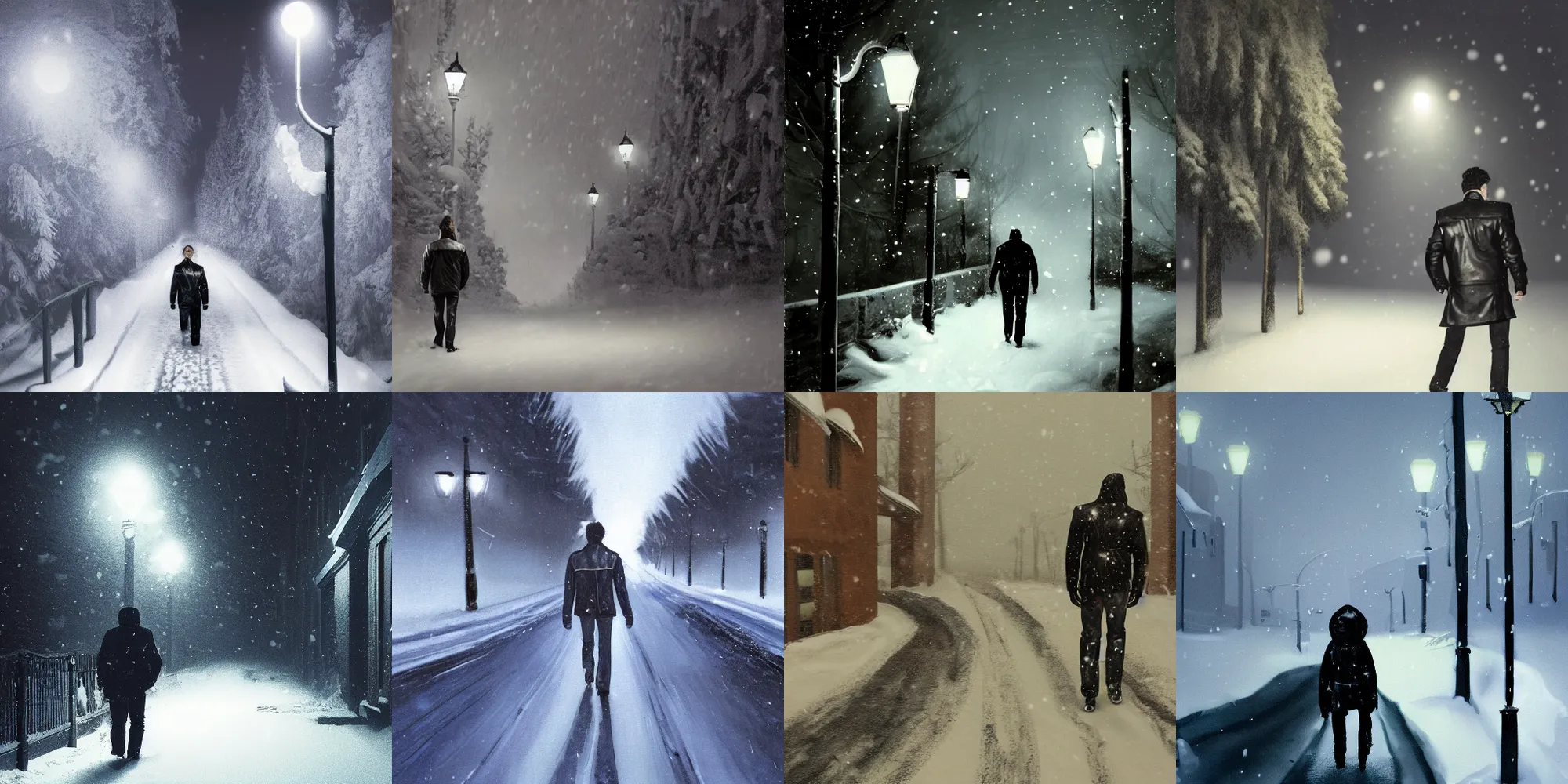 Prompt: photo of snow - covered man from back in pacing to empty narrow alley with street lamps in park with pines to the horizon, dressed in short leather jacket, snowfall at night, 1 9 8 0 s mullet haircut, black hairs, concept art, cinematic, dramatic, painting, digital art, detailed, realistic, igla movie shot, low lighting, 2 4 mm, deem lights