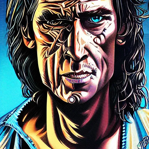 Image similar to close up portrait artwork of man with mullet, half face cyborg. From The Terminator 1984. Artwork by Dan Mumford