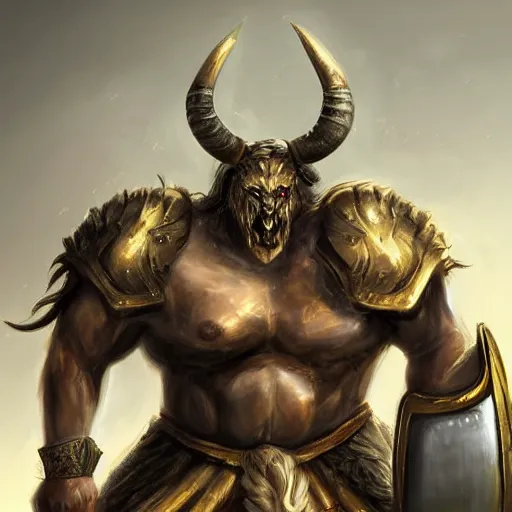 Image similar to Giant minotaur beast warrior with two handed axe, heavy white and golden armor, impressive horns, long mane, full body, muscular, dungeons and dragons, hyperrealism, high details, digital painting