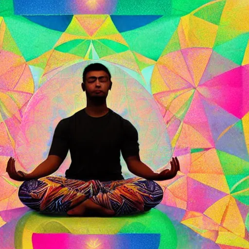 Image similar to A beautiful photograph of a man with a large head, sitting in what appears to be a meditative pose. His eyes are closed and he has a serene look on his face. His body is made up of colorful geometric shapes and patterns that twist and turn in different directions. It's almost as if he's sitting in the middle of a kaleidoscope! Sonic the Hedgehog by Charles Blackman lines, distorted