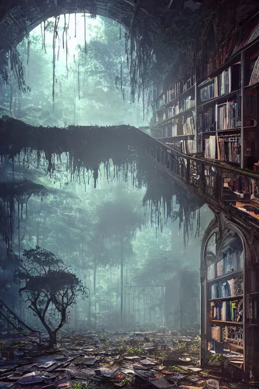 Prompt: a ( ( decaying old library ) ) with a rainforest! growing inside, blue - glowing - magical - wisps flying around, highly detailed, intricate detail, realistic shaded lighting, dramatic scenery, beautiful 3 d rendering, octane render, hyperrealistic, trending on artstation, by greg rutkowski and simon stalenhag