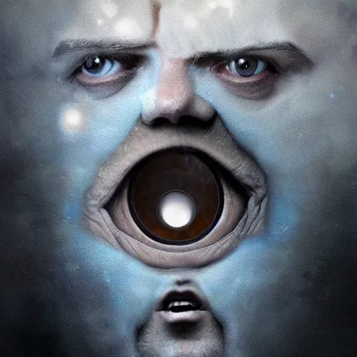 Image similar to michal karcz surrealism painting of Jack Black as an all seeing God. His eyes are watching everything. , horror theme, detailed, elegant, intricate, 4k,