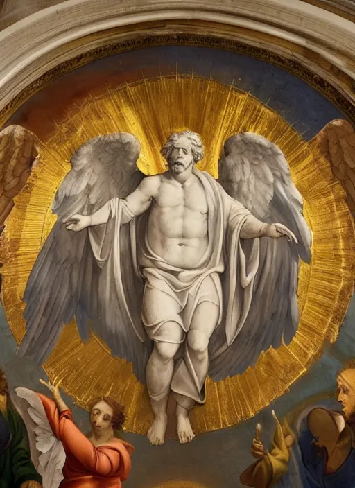 Prompt: A beautiful fresco of Bernie Sanders as God by Michelangelo, golden rays, clouds and Alexandria Ocasio-Cortez as a cherub with wings