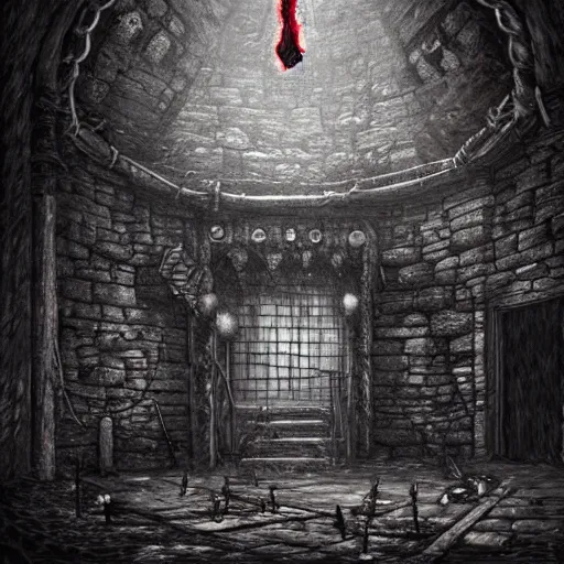 Prompt: art of a dark and desolate stone dungeon with red tattered tapestry, chains dangling from the ceiling, lit by medieval wall torches, grim and gritty, style of dark souls, high contrast, moody