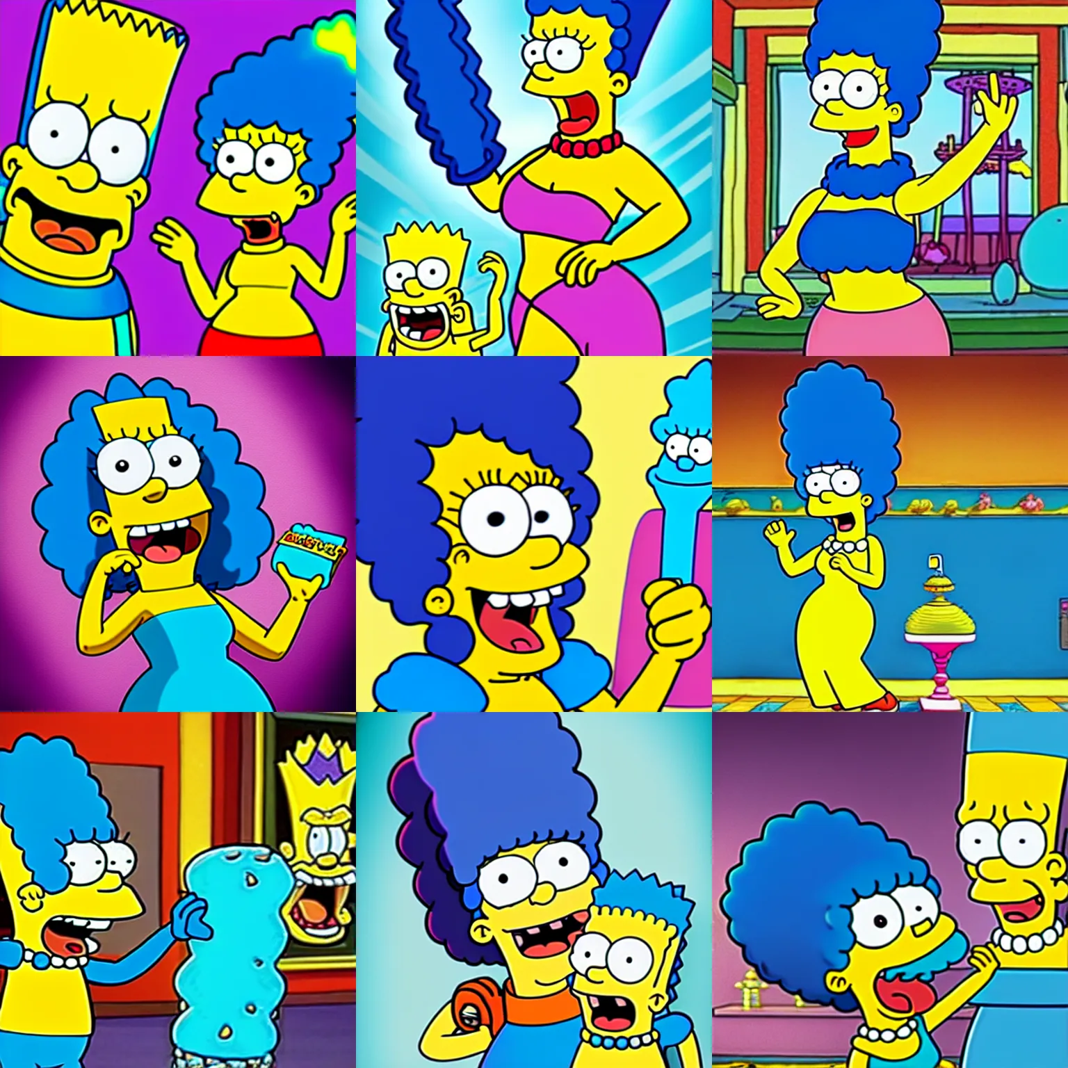 Prompt: Marge Simpson dancing with SpongeBob SquarePants in a temple, Selfie, Highly Detailed