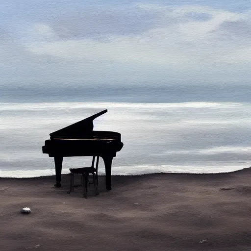 Image similar to a black grand piano on a beach by the waves, lonely, moody, atmospheric, illustration, painting, artstation award, gray flat clouds, misty waves