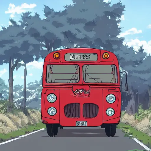 Prompt: A bus looking like a wolf. It is half animal, half machine. 4k Resolution illustration. anime key visual, by studio ghibli.