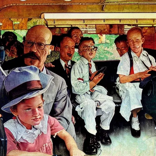 Image similar to Walter white driving a school bus full of Water Whites, Norman Rockwell