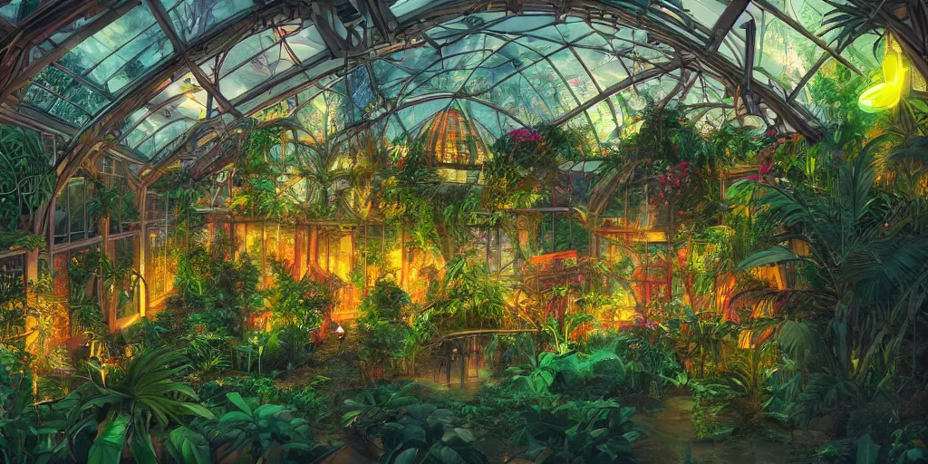 Image similar to tropical greenhouse garden, neon lights, mythology, fairy tale, urban landscape, evening, highly detailed, low angle view, artstation, in the style of aetherpunk